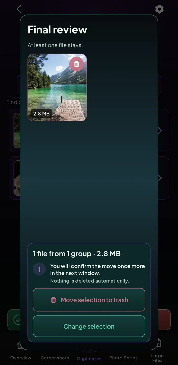 Final review showing one selected file before Android confirmation