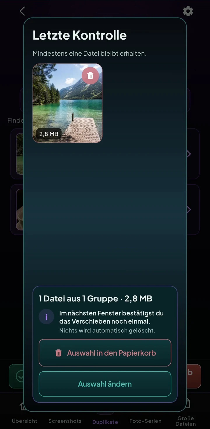 Letzte Kontrolle mit einer ausgewählten Datei vor der Android-Bestätigung