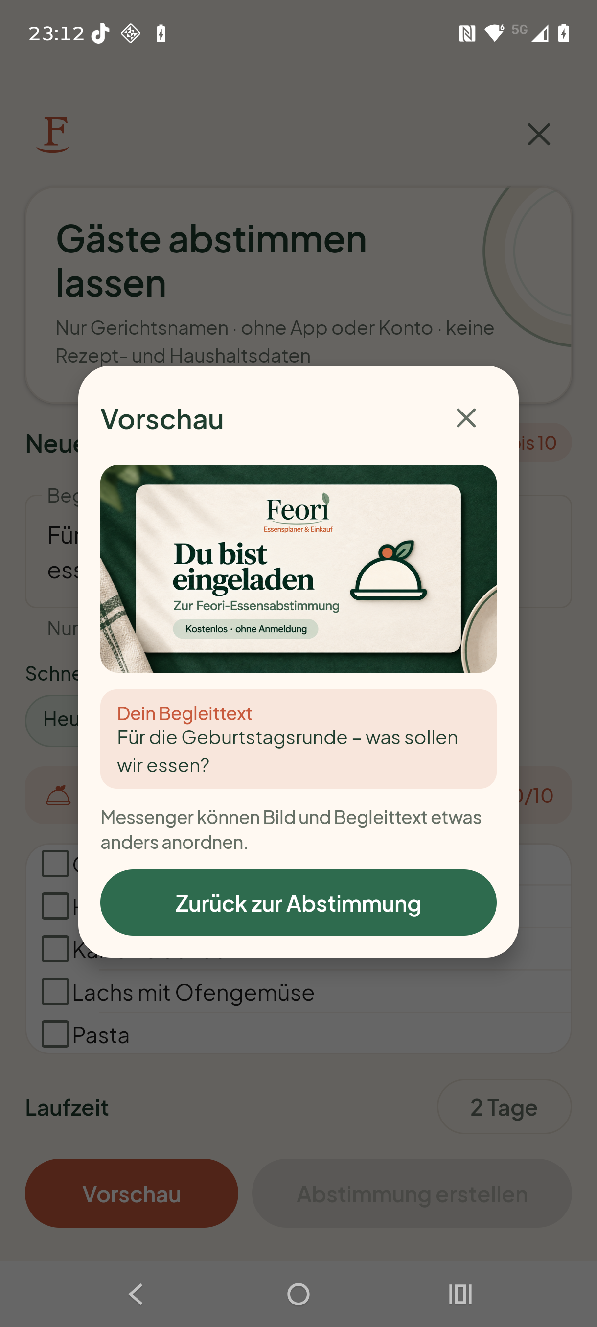 Vorschau einer Feori-Einladung mit Bild und Begleittext