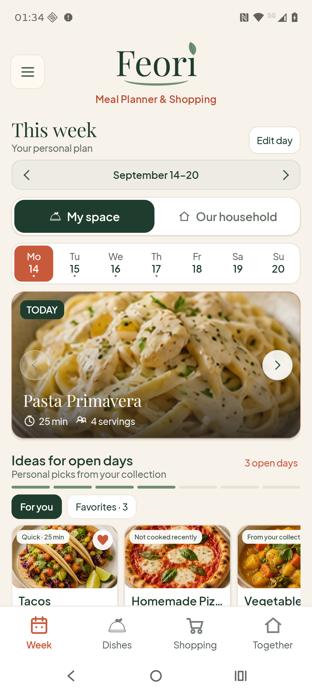 Feori showing a personal weekly plan with dishes and servings