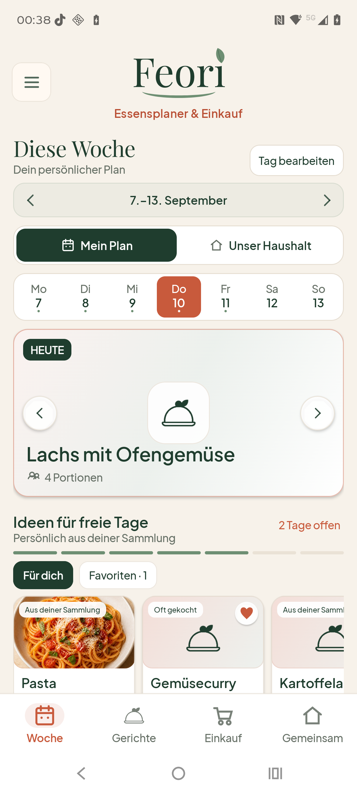 Feori zeigt die persönliche Wochenplanung mit Gerichten und Portionen