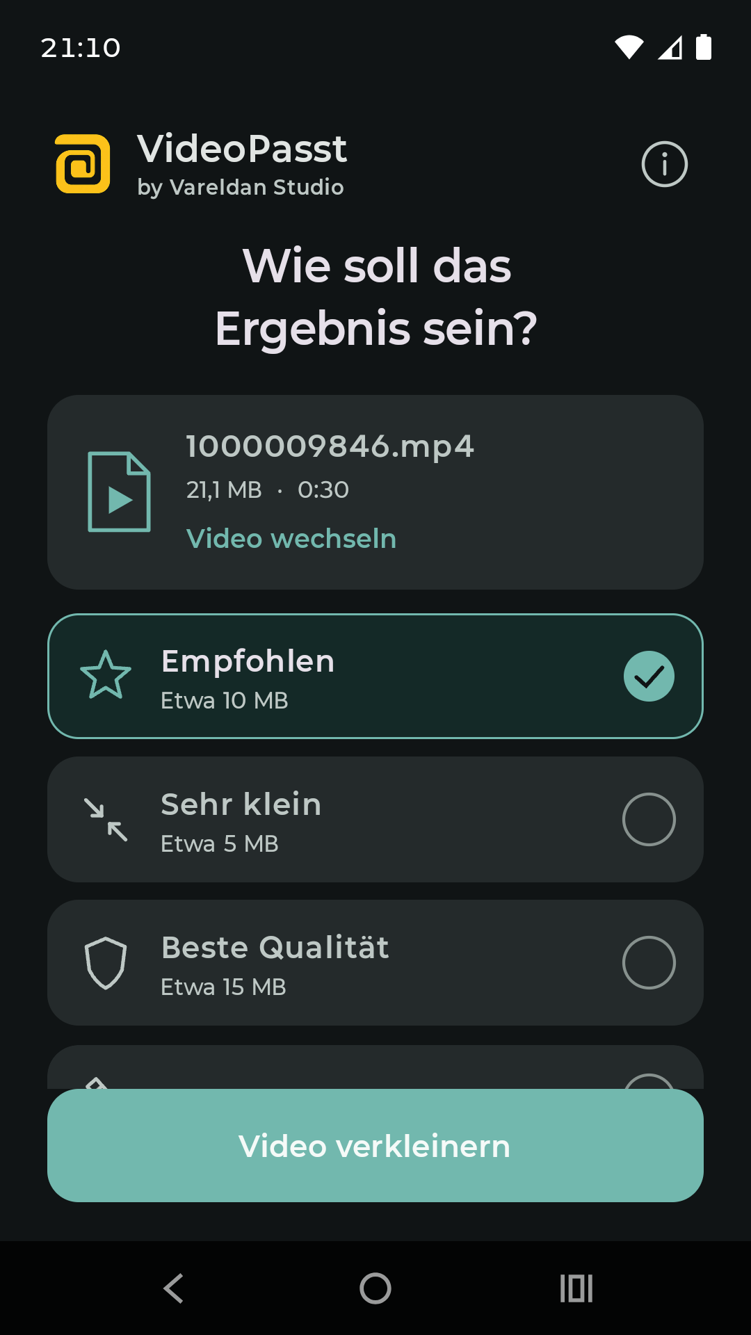 VideoPasst zeigt die Optionen für Qualität und Zielgröße im Dunkelmodus