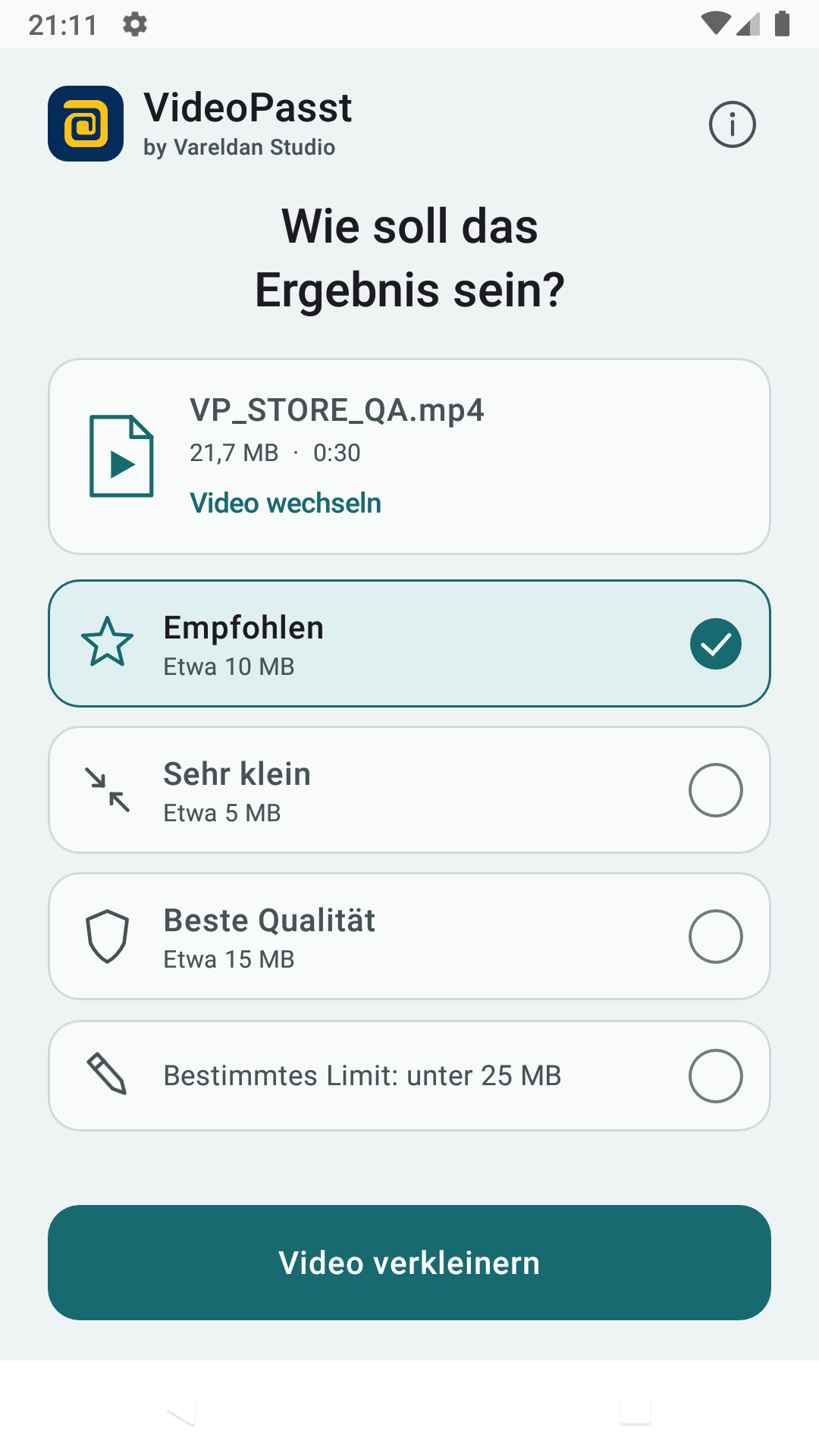 VideoPasst zeigt verständliche Optionen für Qualität und Zielgröße