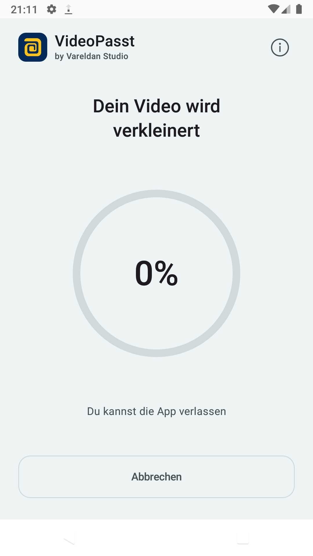 VideoPasst verarbeitet das ausgewählte Video lokal und zeigt den Fortschritt