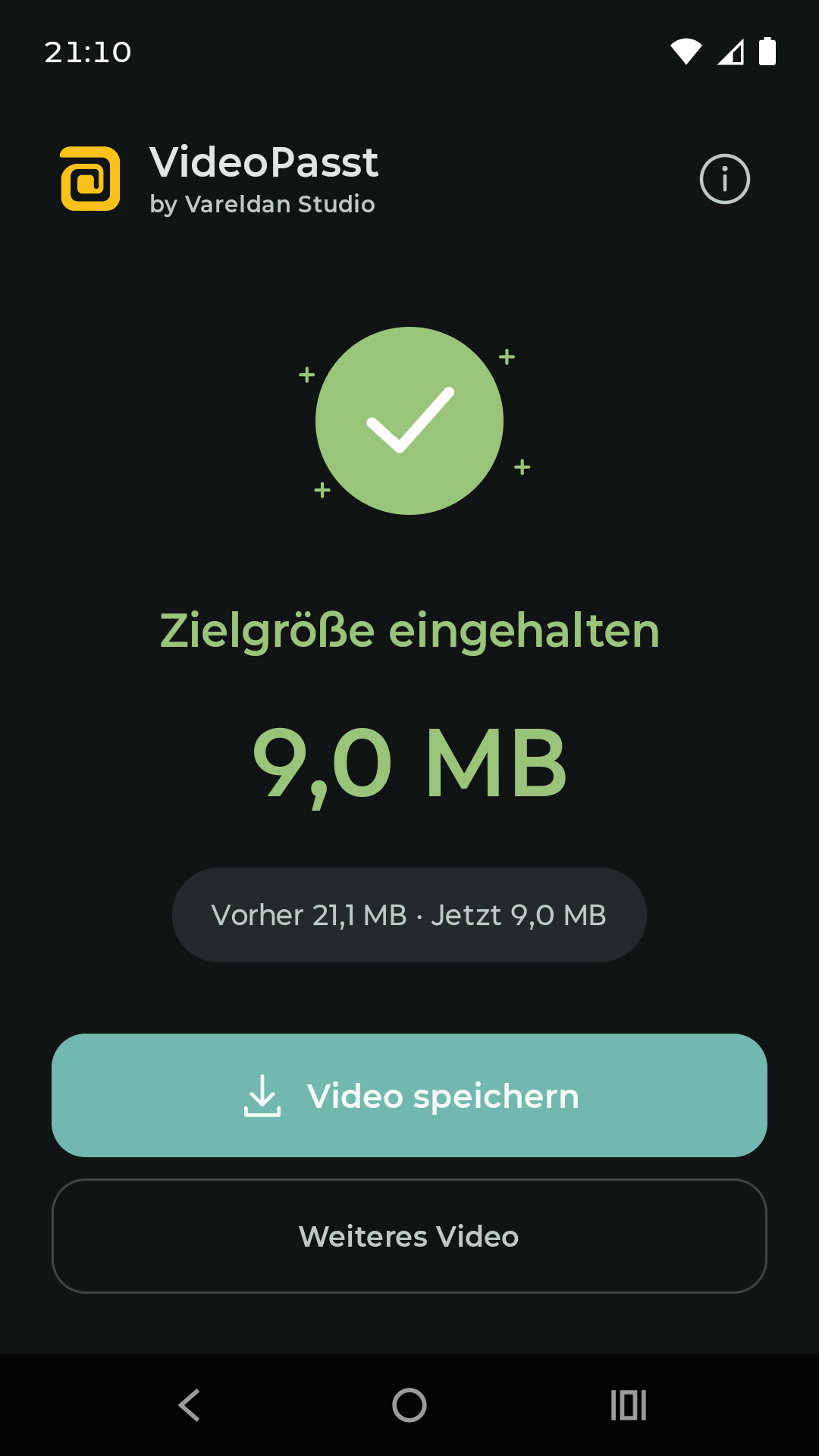 VideoPasst zeigt die kleinere Videokopie im Dunkelmodus