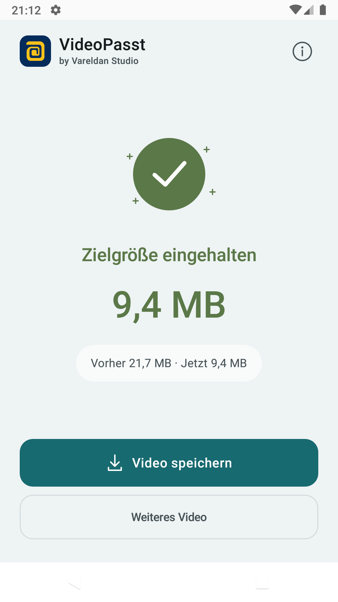 VideoPasst zeigt die kleinere Videokopie zum Speichern