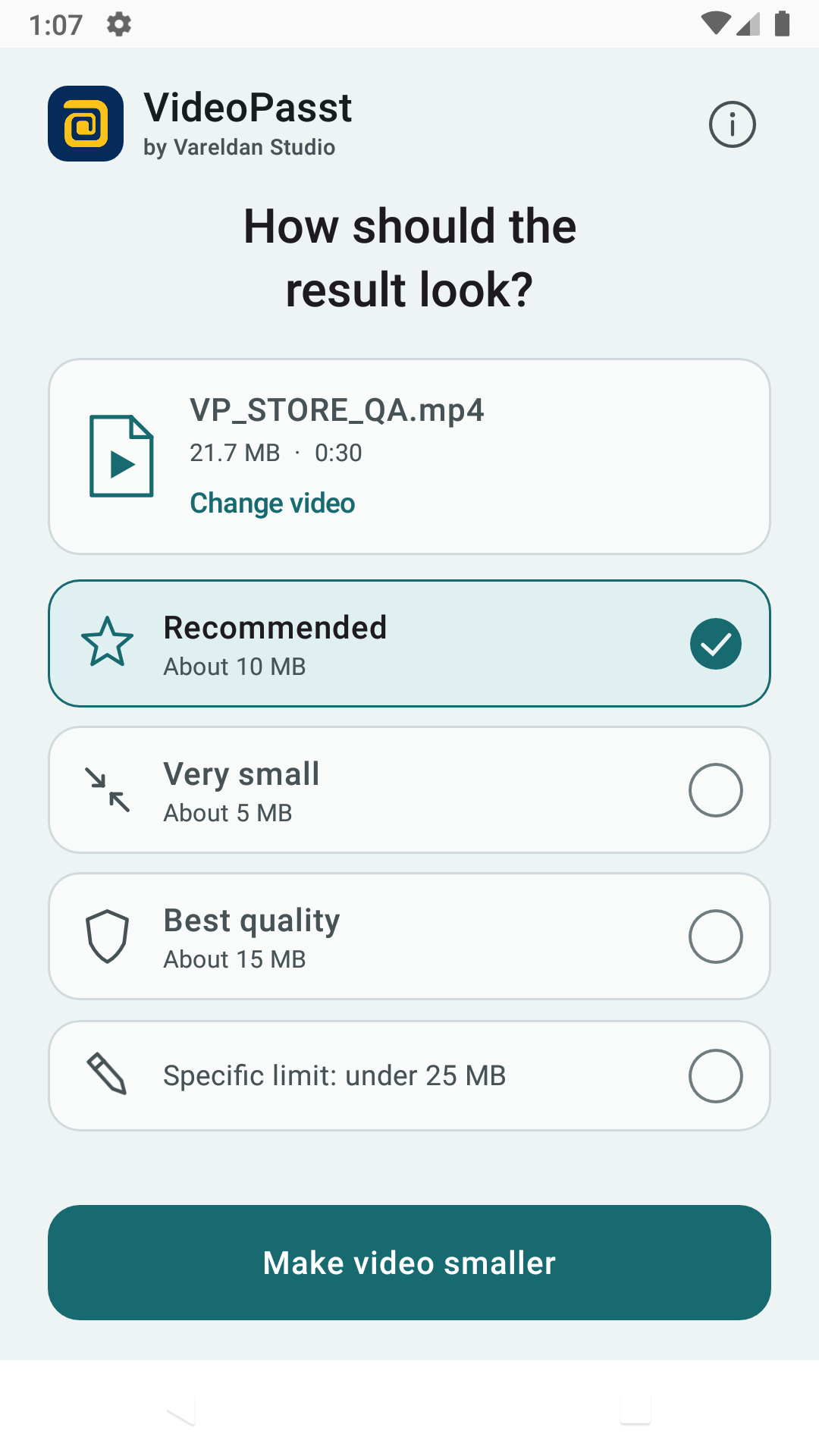 VideoPasst showing clear quality and target-size options