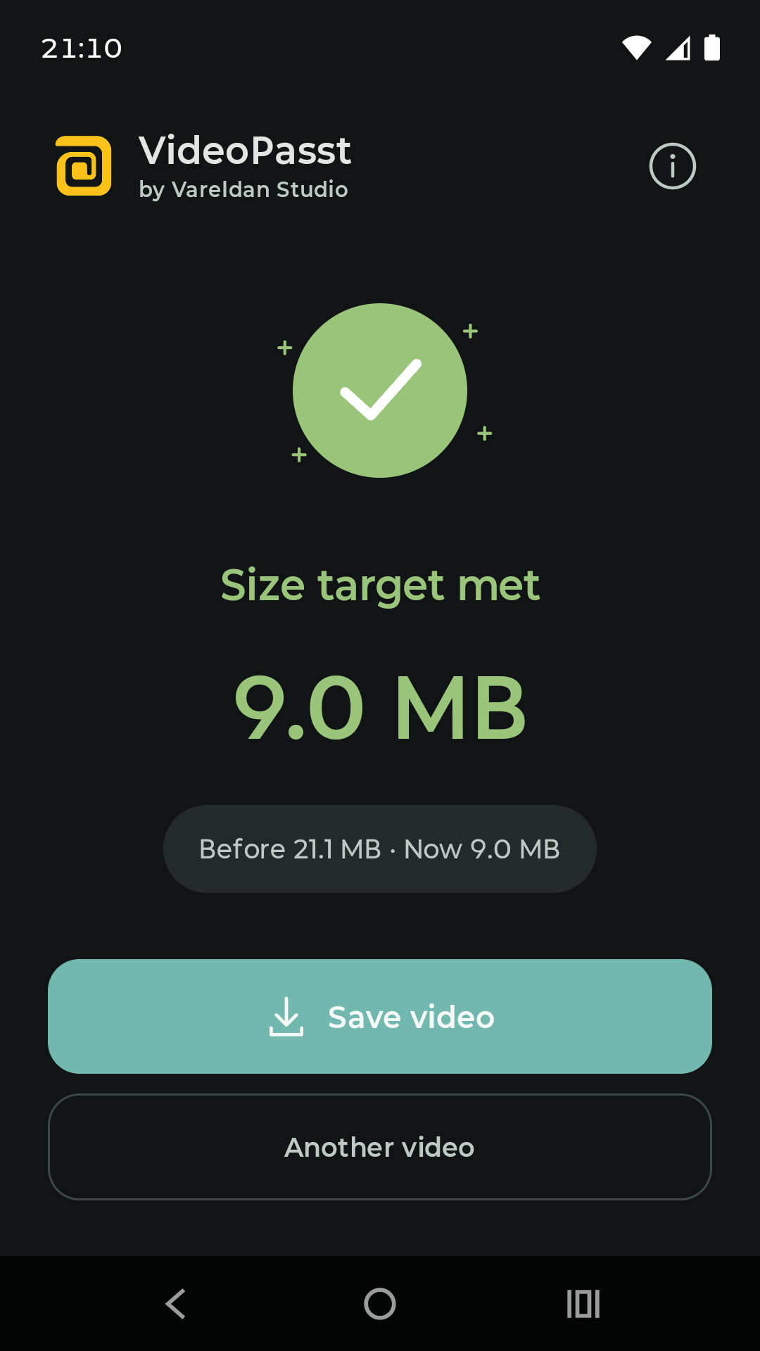 VideoPasst showing the smaller copy ready to save in dark mode