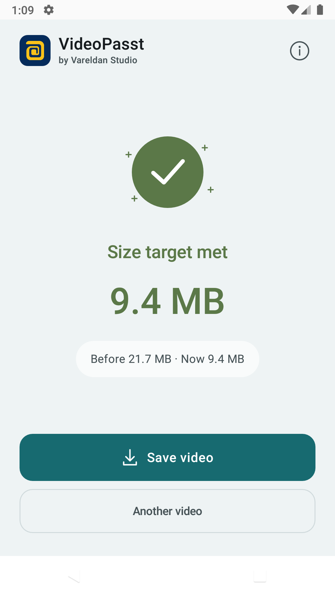 VideoPasst showing the smaller video copy ready to save